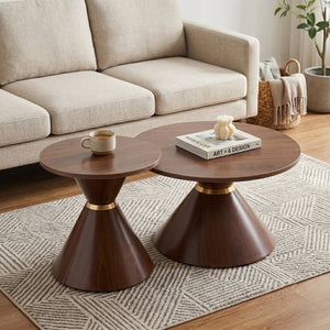 English Elm 2-Piece Mid-Century Nesting Coffee Table Set Walnut Grain Steel Base Living Room W1512S00280