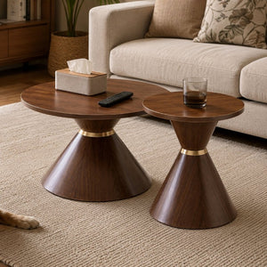 English Elm 2-Piece Mid-Century Nesting Coffee Table Set Walnut Grain Steel Base Living Room W1512S00280