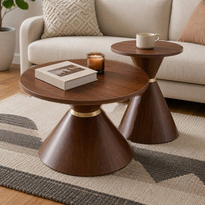 English Elm 2-Piece Mid-Century Nesting Coffee Table Set Walnut Grain Steel Base Living Room W1512S00280