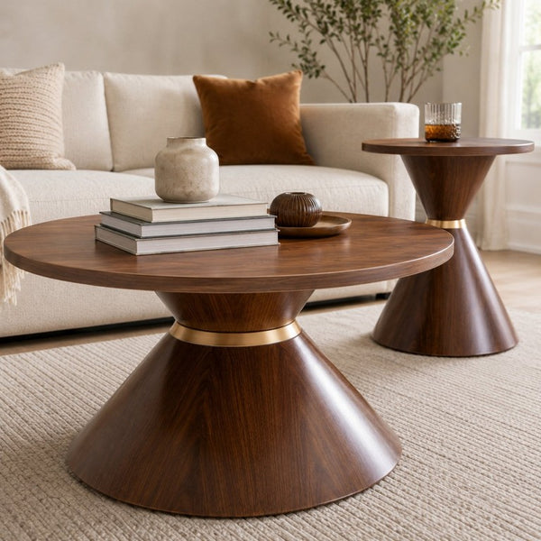 English Elm 2-Piece Mid-Century Nesting Coffee Table Set Walnut Grain Steel Base Living Room W1512S00280