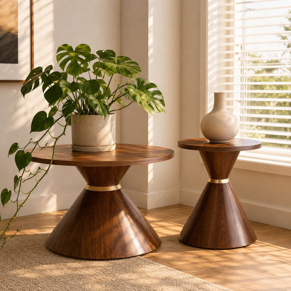 English Elm 2-Piece Mid-Century Nesting Coffee Table Set Walnut Grain Steel Base Living Room W1512S00280