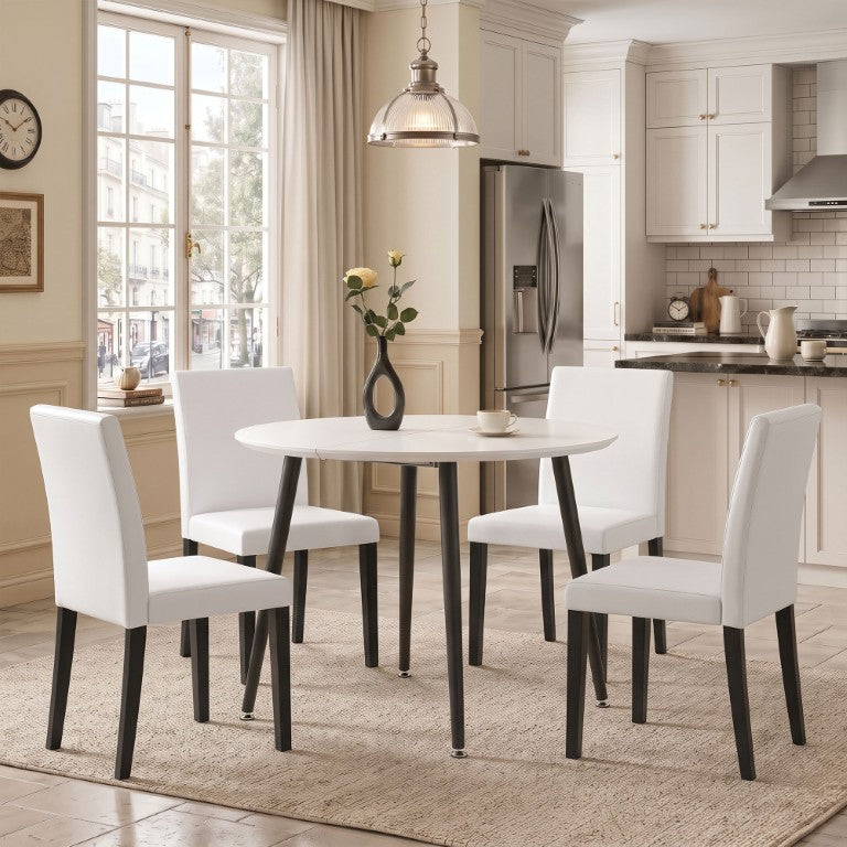 English Elm Pull Extension Dining Set with Round MDF Top and Mid-Century Black Metal Legs for Four 4 Chairs W1512S00287