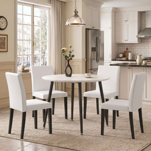 English Elm Pull Extension Dining Set with Round MDF Top and Mid-Century Black Metal Legs for Four 4 Chairs W1512S00287