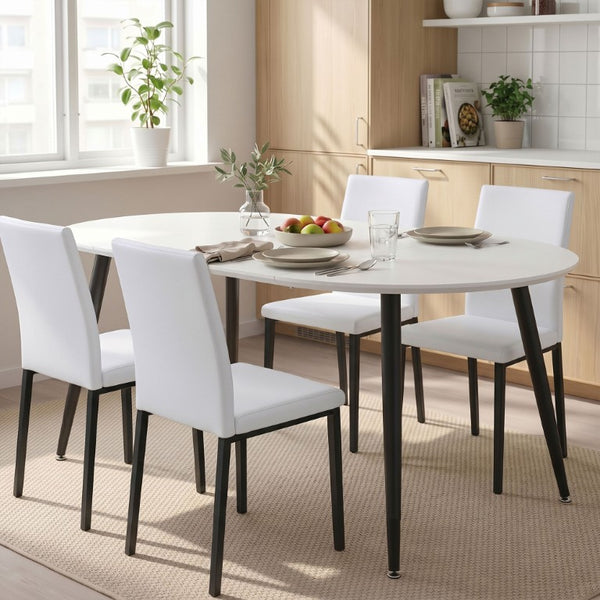 English Elm Pull Extension Dining Set with Round MDF Top and Mid-Century Black Metal Legs for Four 4 Chairs W1512S00287