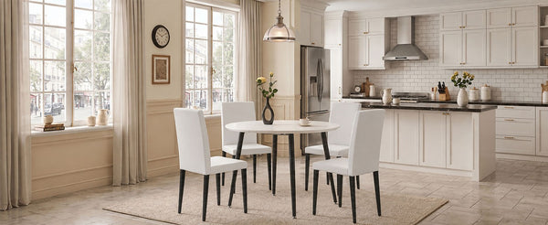 English Elm Pull Extension Dining Set with Round MDF Top and Mid-Century Black Metal Legs for Four 4 Chairs W1512S00287