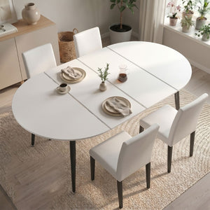 English Elm Pull Extension Dining Set with Round MDF Top and Mid-Century Black Metal Legs for Four 4 Chairs W1512S00287