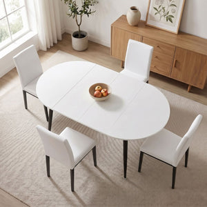 English Elm Pull Extension Dining Set with Round MDF Top and Mid-Century Black Metal Legs for Four 4 Chairs W1512S00287