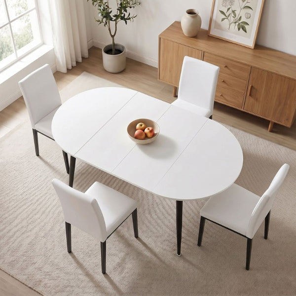 English Elm Pull Extension Dining Set with Round MDF Top and Mid-Century Black Metal Legs for Four 4 Chairs W1512S00287