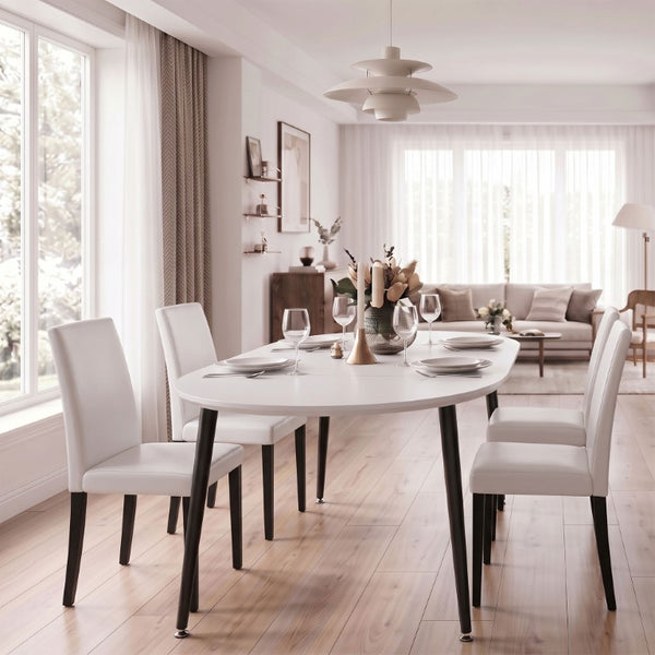 English Elm Pull Extension Dining Set with Round MDF Top and Mid-Century Black Metal Legs for Four 4 Chairs W1512S00287