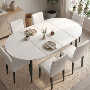 English Elm Pull Extension Dining Set with Round MDF Top and Mid-Century Black Metal Legs for Four 6 Chairs W1512S00288