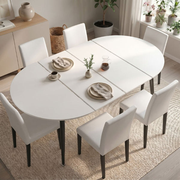 English Elm Pull Extension Dining Set with Round MDF Top and Mid-Century Black Metal Legs for Four 6 Chairs W1512S00288