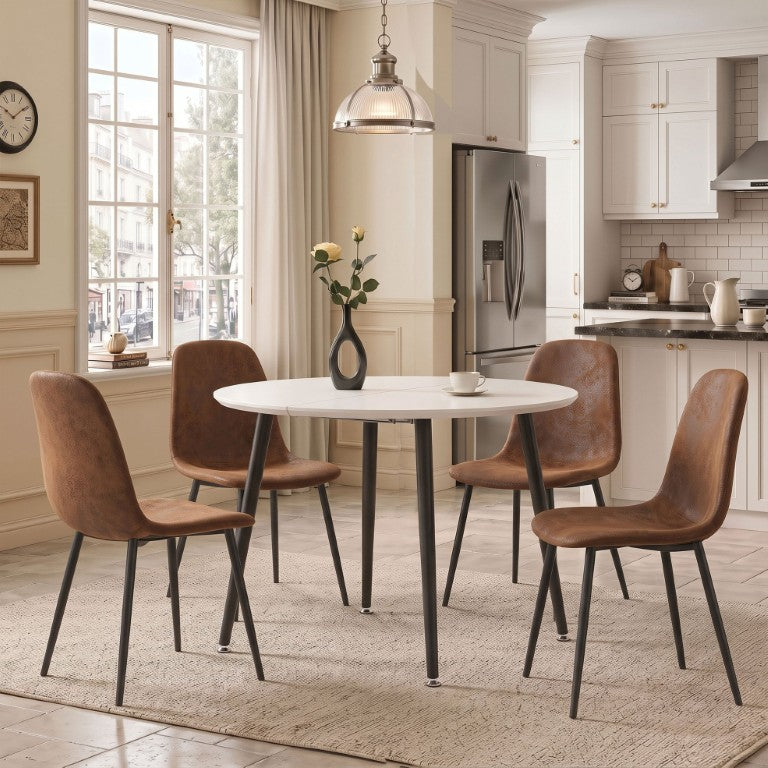 English Elm Pull Extension Dining Set Round MDF Table Four Upholstered Mid-Century Modern Chairs W1512S00289