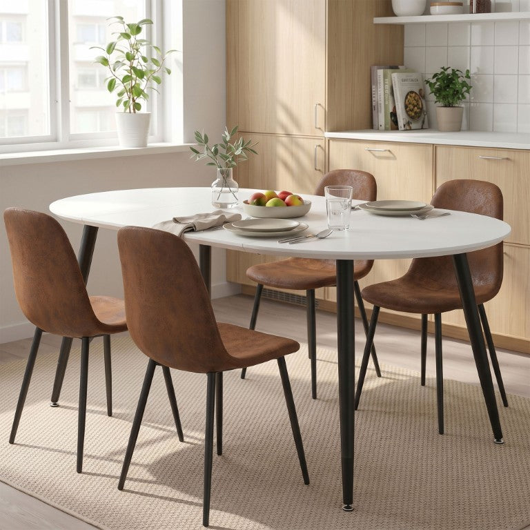 English Elm Pull Extension Dining Set Round MDF Table Four Upholstered Mid-Century Modern Chairs W1512S00289