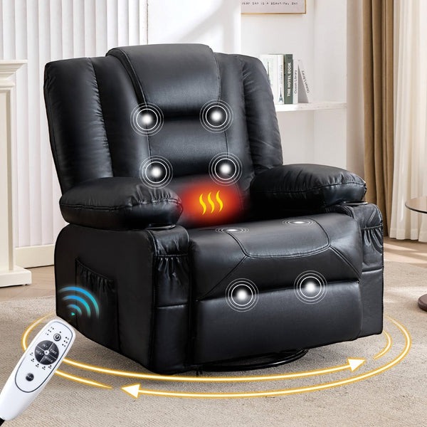 English Elm Rocker Recliner with Massage Heat Swivel Base Faux Leather Oversized Living Room Chair W1521P502262