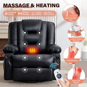 English Elm Rocker Recliner with Massage Heat Swivel Base Faux Leather Oversized Living Room Chair W1521P502262