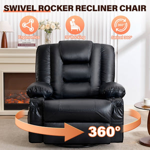 English Elm Rocker Recliner with Massage Heat Swivel Base Faux Leather Oversized Living Room Chair W1521P502262