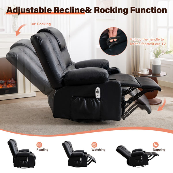 English Elm Rocker Recliner with Massage Heat Swivel Base Faux Leather Oversized Living Room Chair W1521P502262