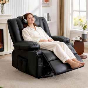English Elm Rocker Recliner with Massage Heat Swivel Base Faux Leather Oversized Living Room Chair W1521P502262