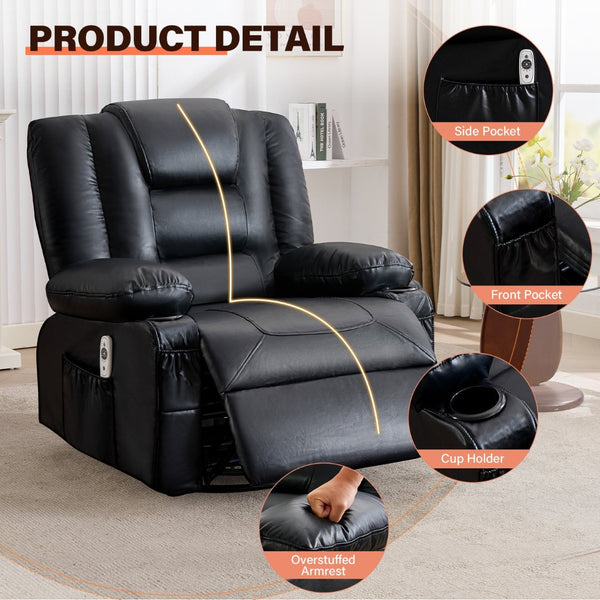 English Elm Rocker Recliner with Massage Heat Swivel Base Faux Leather Oversized Living Room Chair W1521P502262