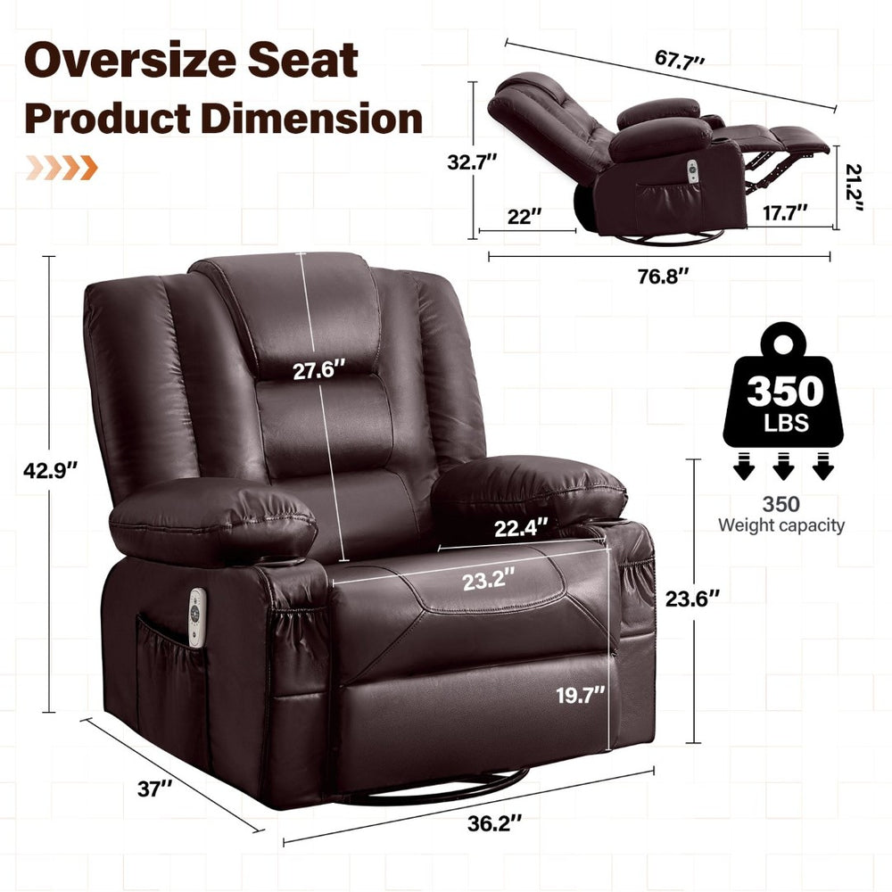English Elm Rocker Recliner with Massage Heat Swivel Faux Leather Oversized Chair for Living Room W1521P502267