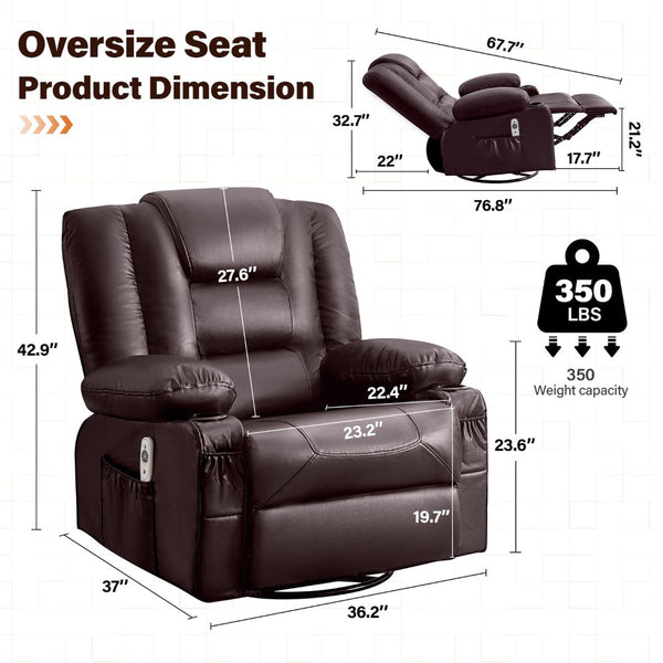 English Elm Rocker Recliner with Massage Heat Swivel Faux Leather Oversized Chair for Living Room W1521P502267