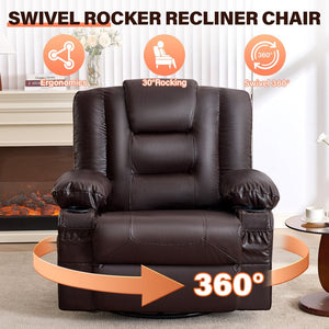 English Elm Rocker Recliner with Massage Heat Swivel Faux Leather Oversized Chair for Living Room W1521P502267