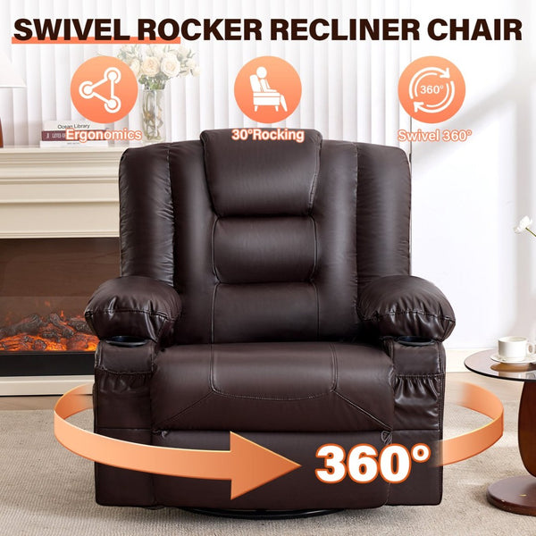 English Elm Rocker Recliner with Massage Heat Swivel Faux Leather Oversized Chair for Living Room W1521P502267