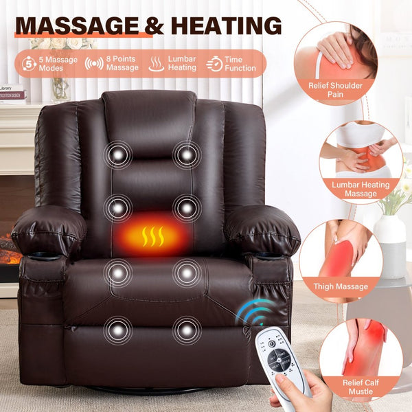 English Elm Rocker Recliner with Massage Heat Swivel Faux Leather Oversized Chair for Living Room W1521P502267