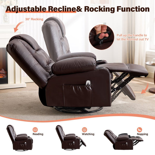 English Elm Rocker Recliner with Massage Heat Swivel Faux Leather Oversized Chair for Living Room W1521P502267
