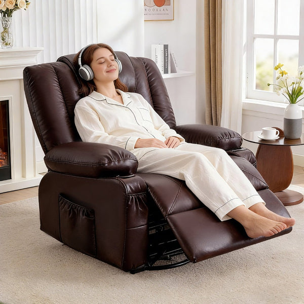 English Elm Rocker Recliner with Massage Heat Swivel Faux Leather Oversized Chair for Living Room W1521P502267