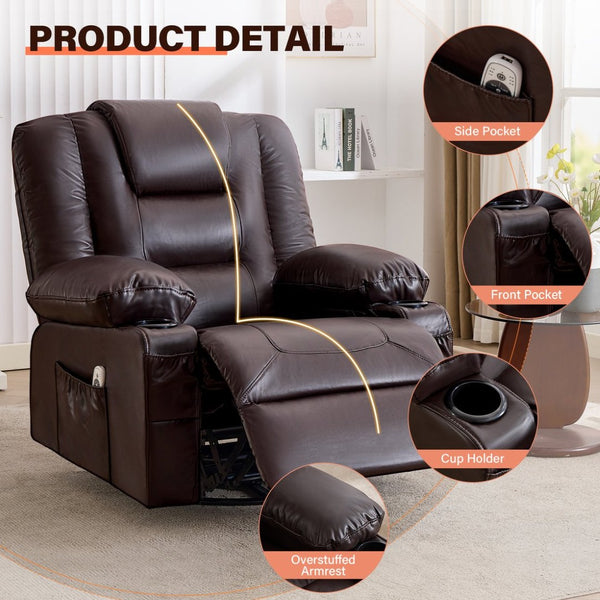 English Elm Rocker Recliner with Massage Heat Swivel Faux Leather Oversized Chair for Living Room W1521P502267
