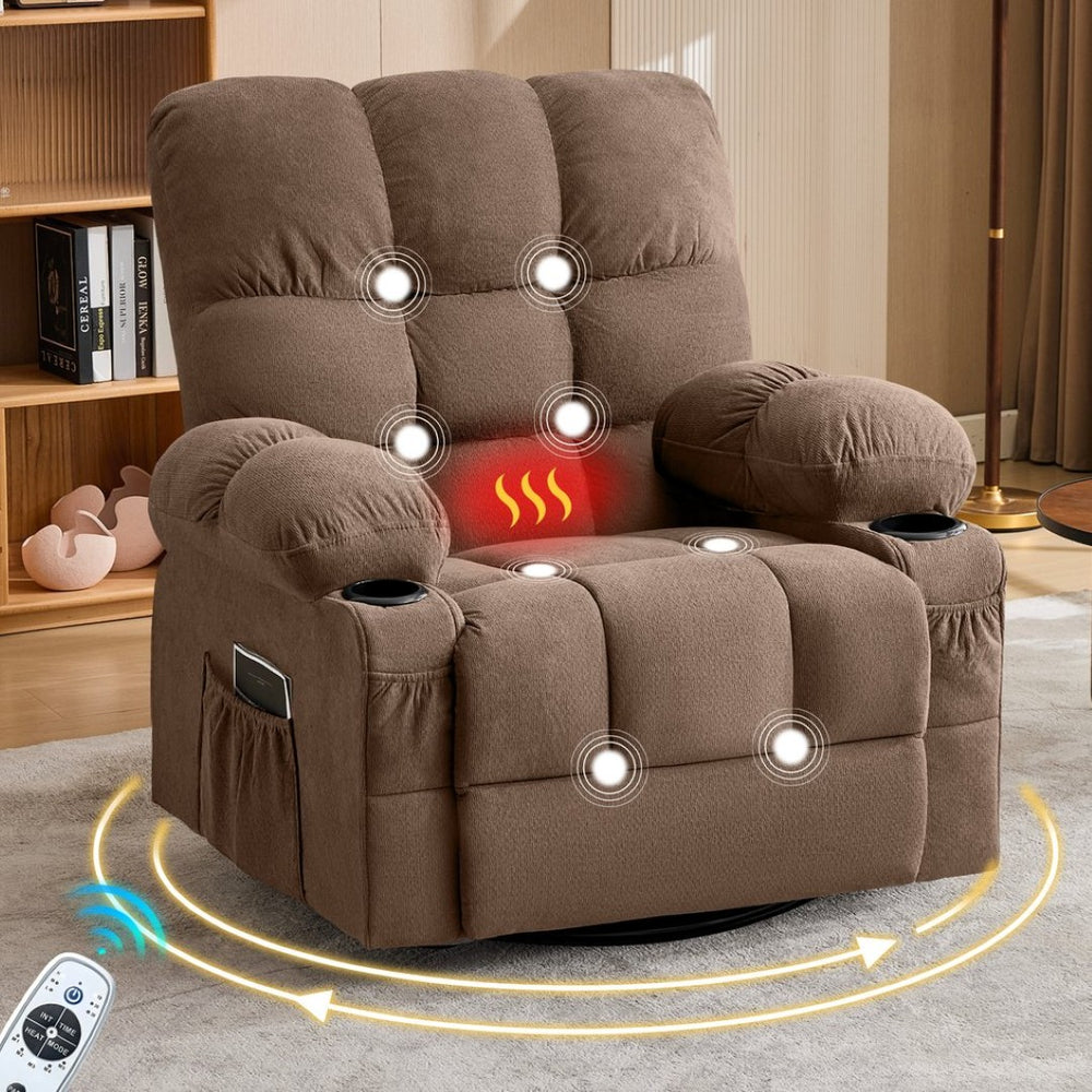 English Elm Massage Swivel Recliner with Lumbar Heat Eight Nodes Wide Seat Living Room Comfort Brown W1521P505687