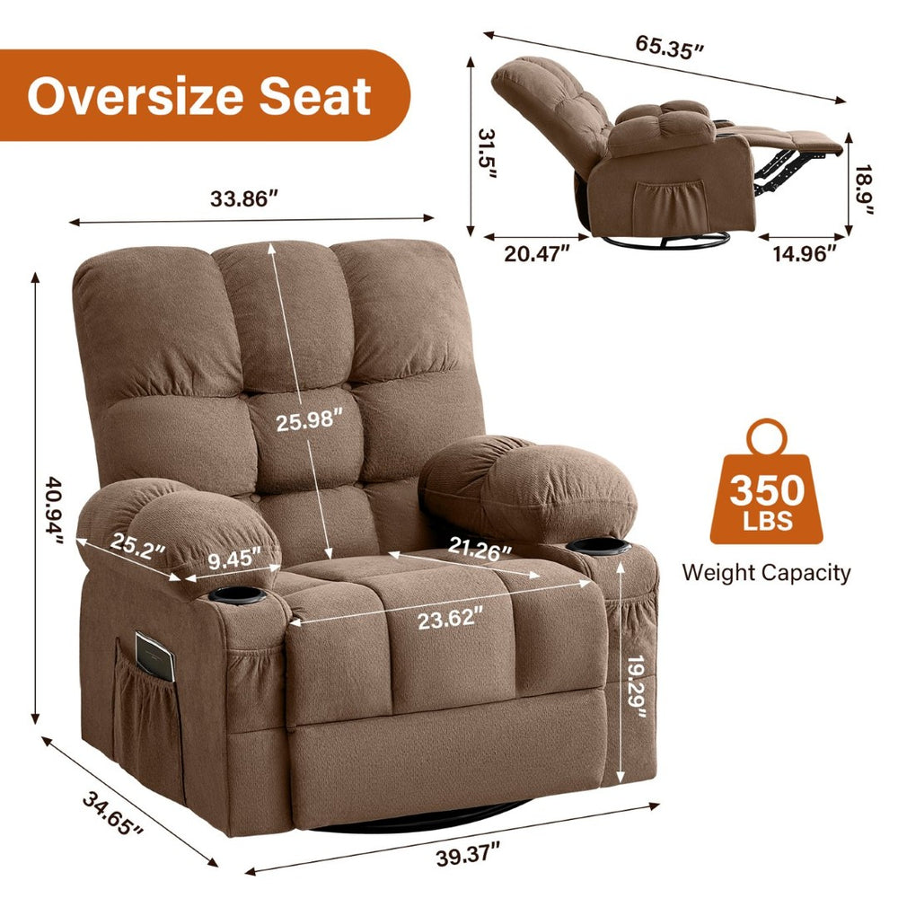 English Elm Massage Swivel Recliner with Lumbar Heat Eight Nodes Wide Seat Living Room Comfort Brown W1521P505687