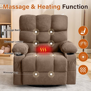 English Elm Massage Swivel Recliner with Lumbar Heat Eight Nodes Wide Seat Living Room Comfort Brown W1521P505687