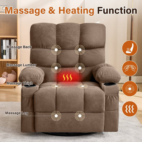 English Elm Massage Swivel Recliner with Lumbar Heat Eight Nodes Wide Seat Living Room Comfort Brown W1521P505687
