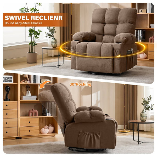 English Elm Massage Swivel Recliner with Lumbar Heat Eight Nodes Wide Seat Living Room Comfort Brown W1521P505687