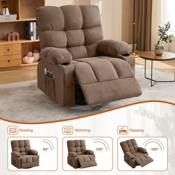 English Elm Massage Swivel Recliner with Lumbar Heat Eight Nodes Wide Seat Living Room Comfort Brown W1521P505687