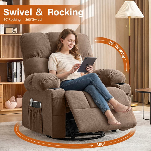 English Elm Massage Swivel Recliner with Lumbar Heat Eight Nodes Wide Seat Living Room Comfort Brown W1521P505687