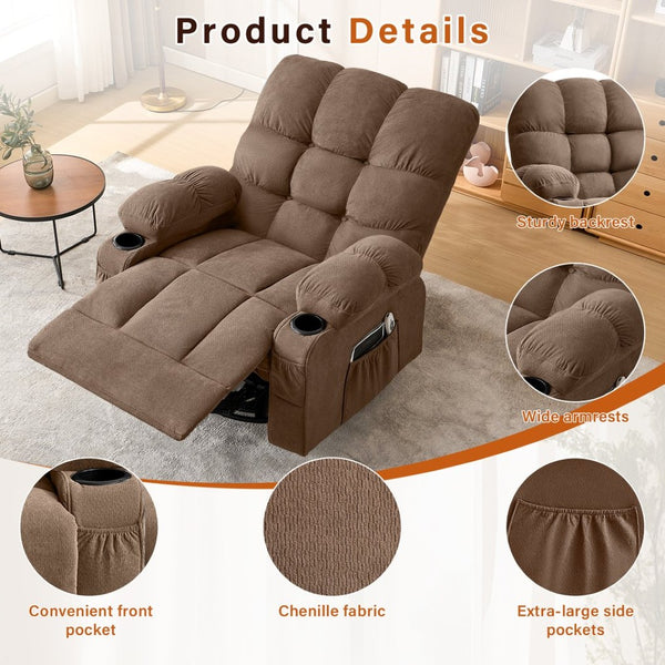 English Elm Massage Swivel Recliner with Lumbar Heat Eight Nodes Wide Seat Living Room Comfort Brown W1521P505687