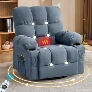 English Elm Massage Swivel Recliner with Lumbar Heat Eight Nodes Wide Seat Living Room Comfort Blue W1521P518120