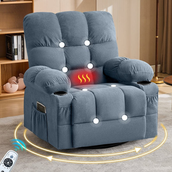 English Elm Massage Swivel Recliner with Lumbar Heat Eight Nodes Wide Seat Living Room Comfort Blue W1521P518120