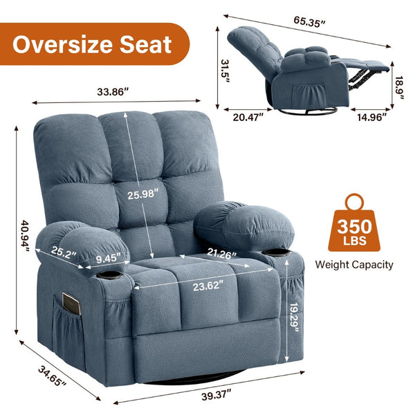 English Elm Massage Swivel Recliner with Lumbar Heat Eight Nodes Wide Seat Living Room Comfort Blue W1521P518120