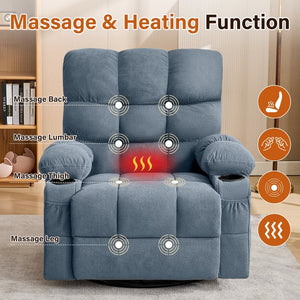 English Elm Massage Swivel Recliner with Lumbar Heat Eight Nodes Wide Seat Living Room Comfort Blue W1521P518120