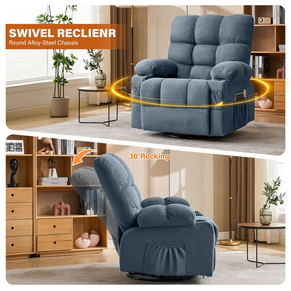 English Elm Massage Swivel Recliner with Lumbar Heat Eight Nodes Wide Seat Living Room Comfort Blue W1521P518120