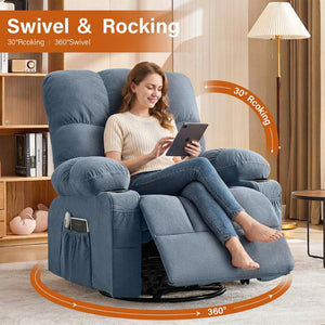 English Elm Massage Swivel Recliner with Lumbar Heat Eight Nodes Wide Seat Living Room Comfort Blue W1521P518120
