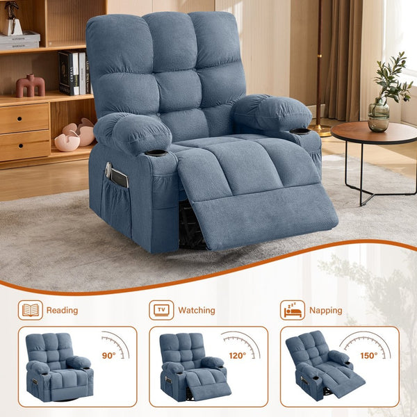 English Elm Massage Swivel Recliner with Lumbar Heat Eight Nodes Wide Seat Living Room Comfort Blue W1521P518120