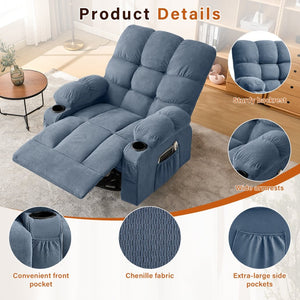 English Elm Massage Swivel Recliner with Lumbar Heat Eight Nodes Wide Seat Living Room Comfort Blue W1521P518120