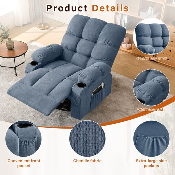 English Elm Massage Swivel Recliner with Lumbar Heat Eight Nodes Wide Seat Living Room Comfort Blue W1521P518120