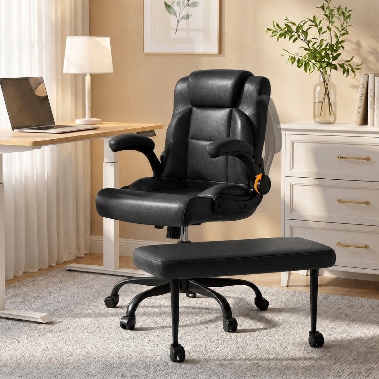 English Elm Cross Legged Office Chair Wide Open Seat Flip Armrests Rotating Footrest Swivel Black W1521P549685