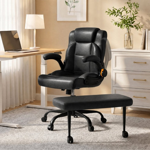 English Elm Cross Legged Office Chair Wide Open Seat Flip Armrests Rotating Footrest Swivel Black W1521P549685
